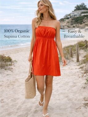 Toggery Strapless Fire Orange Summer Dress with Elastic Bodice 💯 Organic Cotton